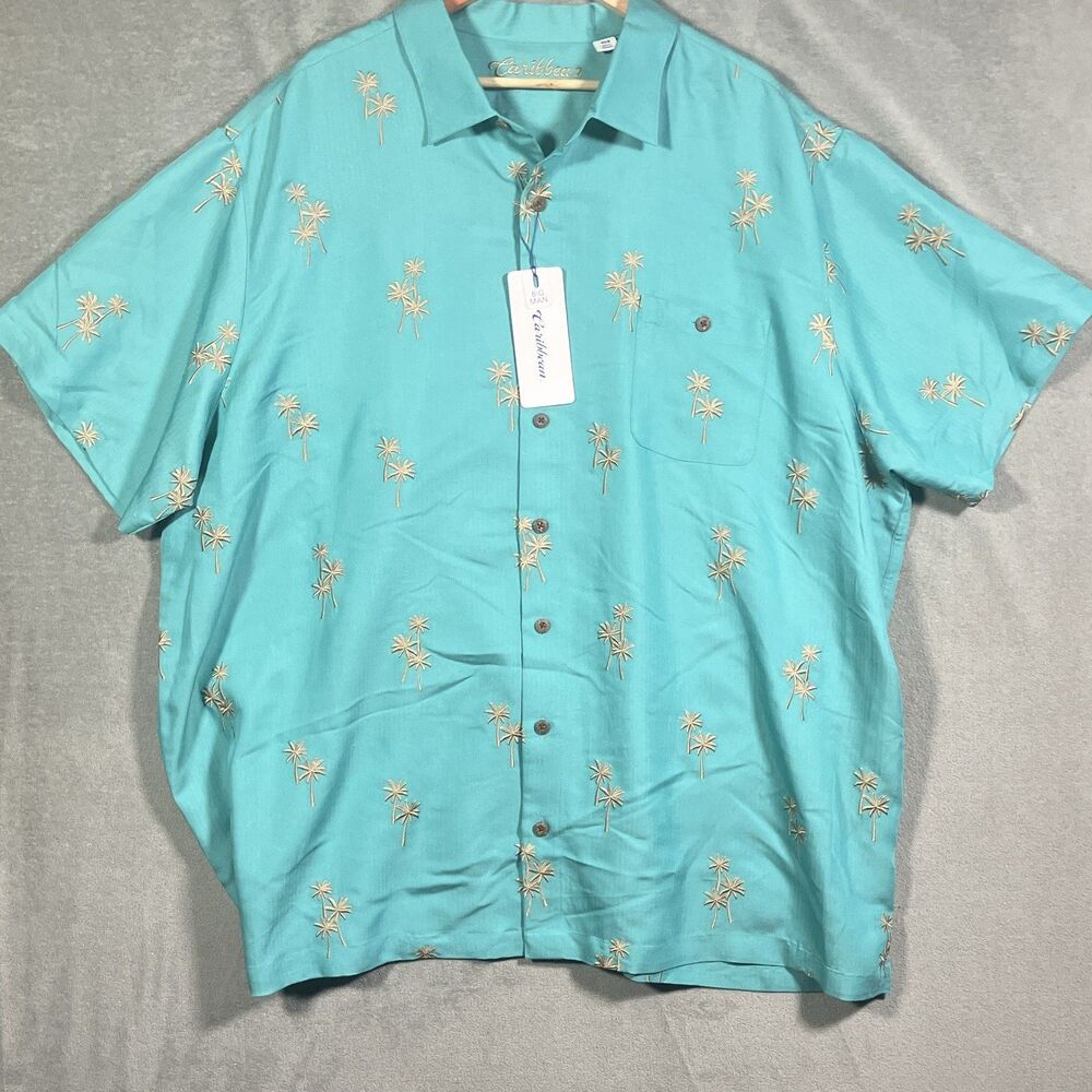 Caribbean Men’s Turquoise Short Sleeve Button-Up Palm Tree Pockets 4XB